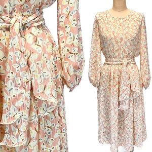 VINTAGE butterfly sheer midi dress long sleeve lightweight‎ elastic belted waist
